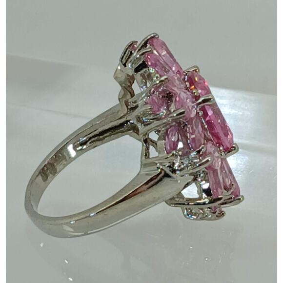 Vintage Ring Size 7 Silver Tone White Gold GP Pink CZ Diamond Cocktail - Picture 3 of 10